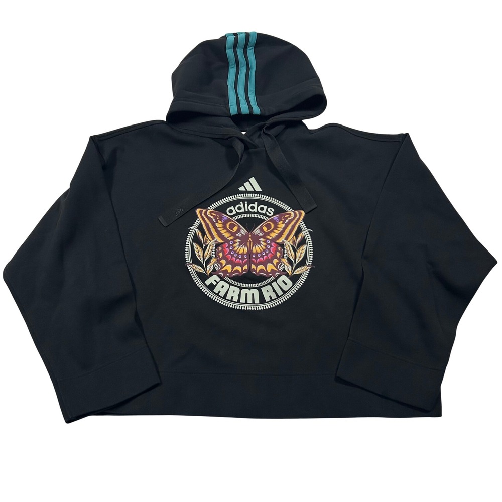 Adidas Farm Rio Hoodie Women XL Black Butterfly Graphic Cropped Pullover